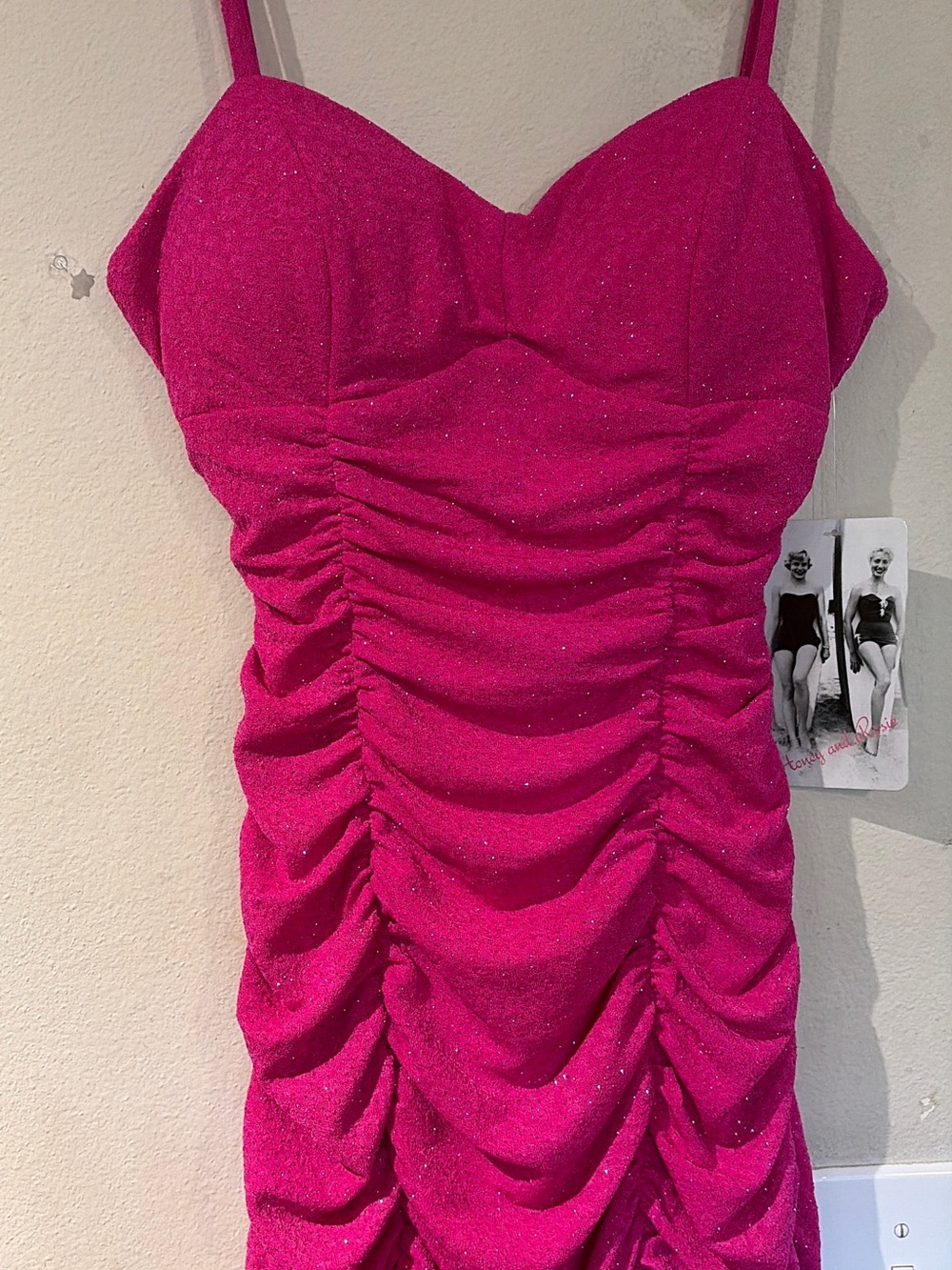 Honey and Rosie Fuchsia Ruched Mini Dress with Spaghetti Straps
